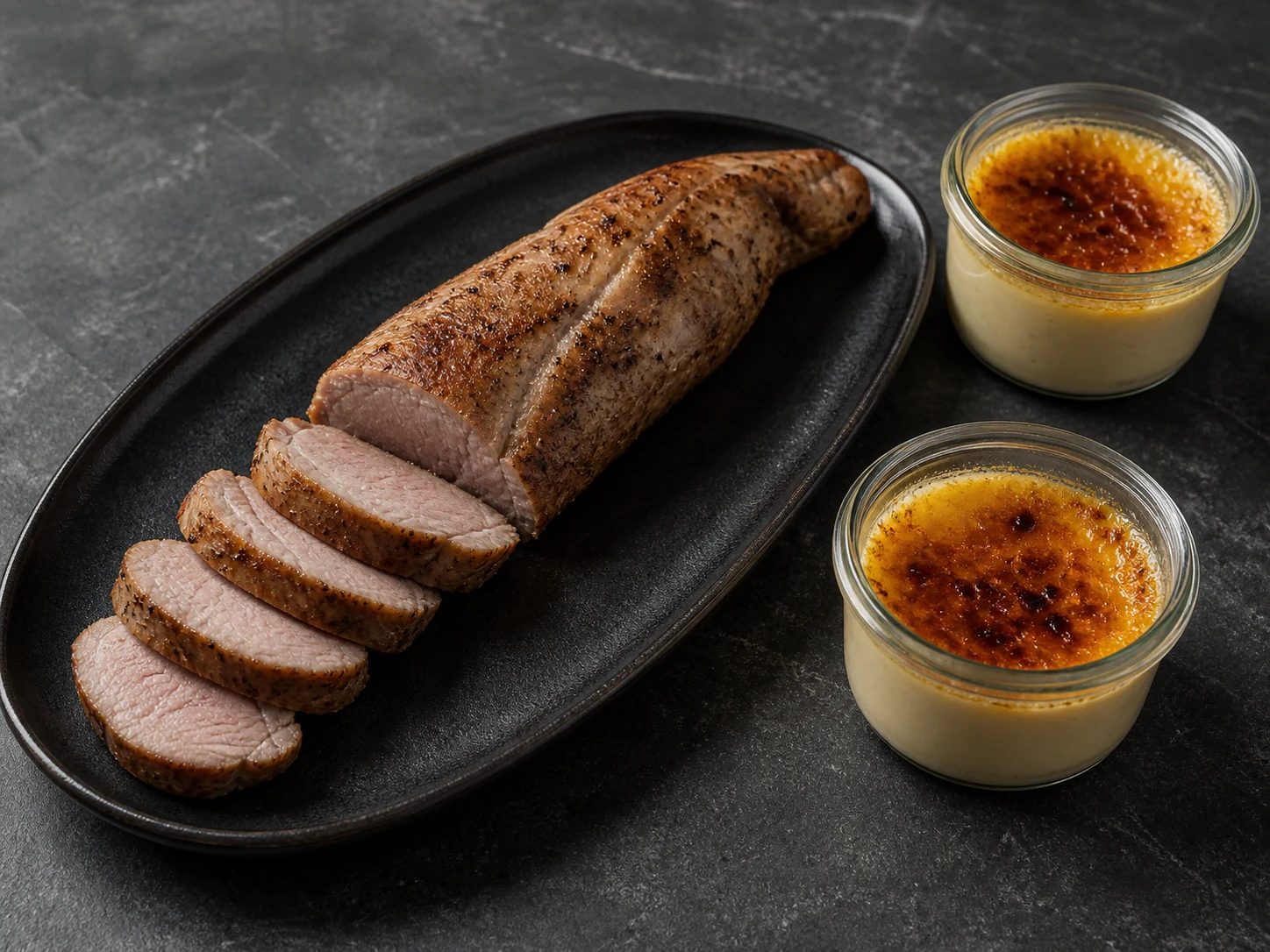 Pork tenderloin and two crème brûlées in one box - dinner and pudding sorted.