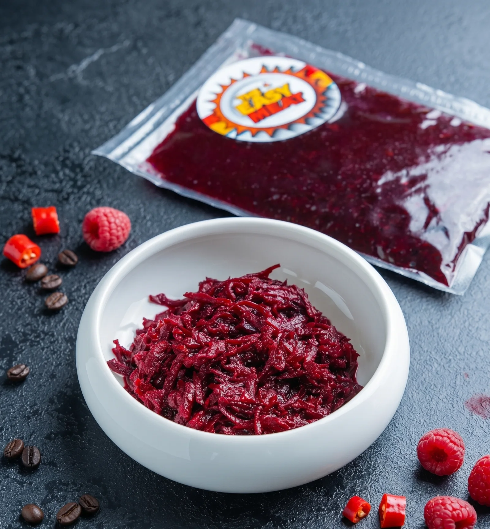 Fermented beetroot in a bowl with the pack behind