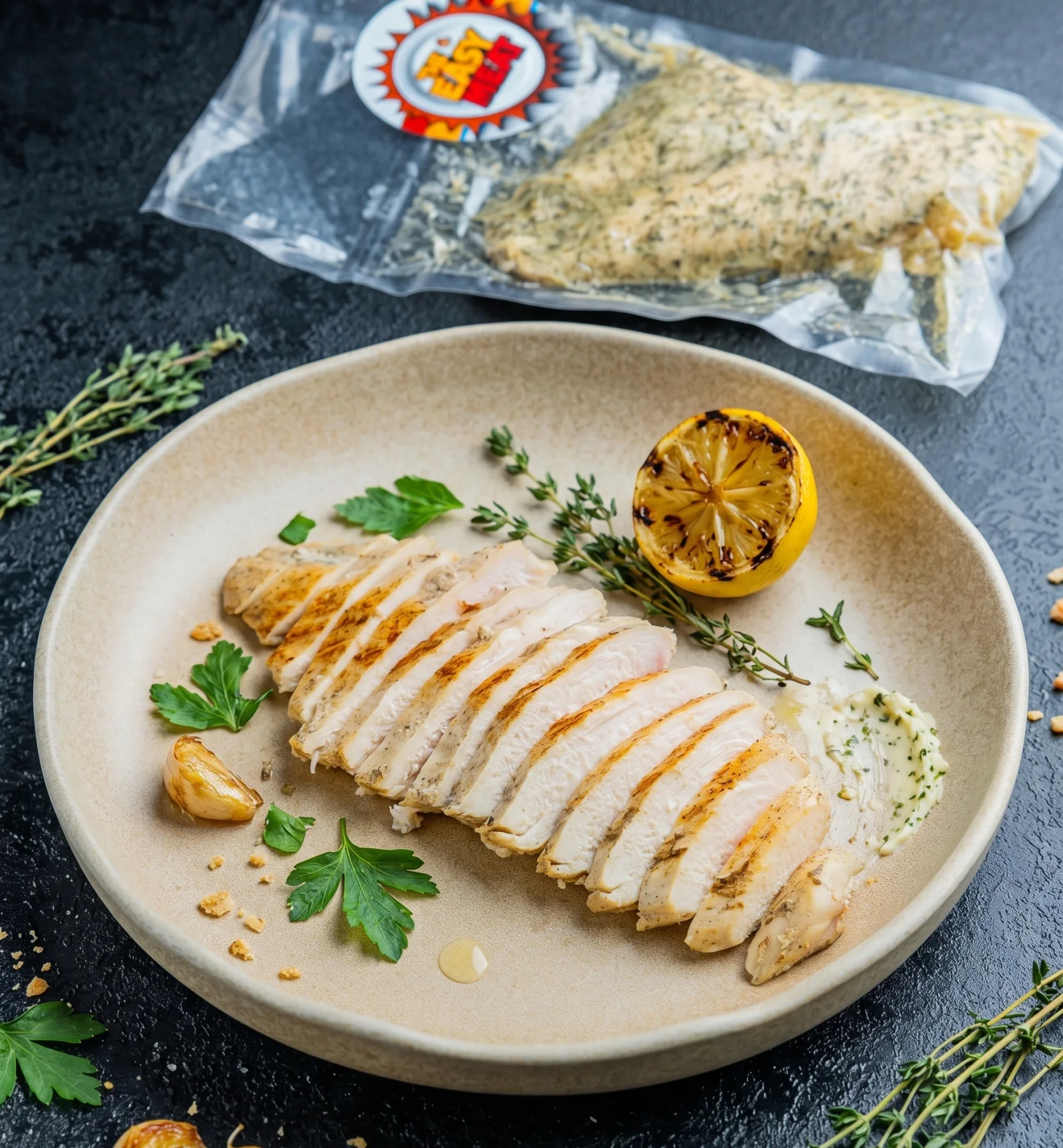 Sliced sous-vide chicken fillet with lemon and herbs